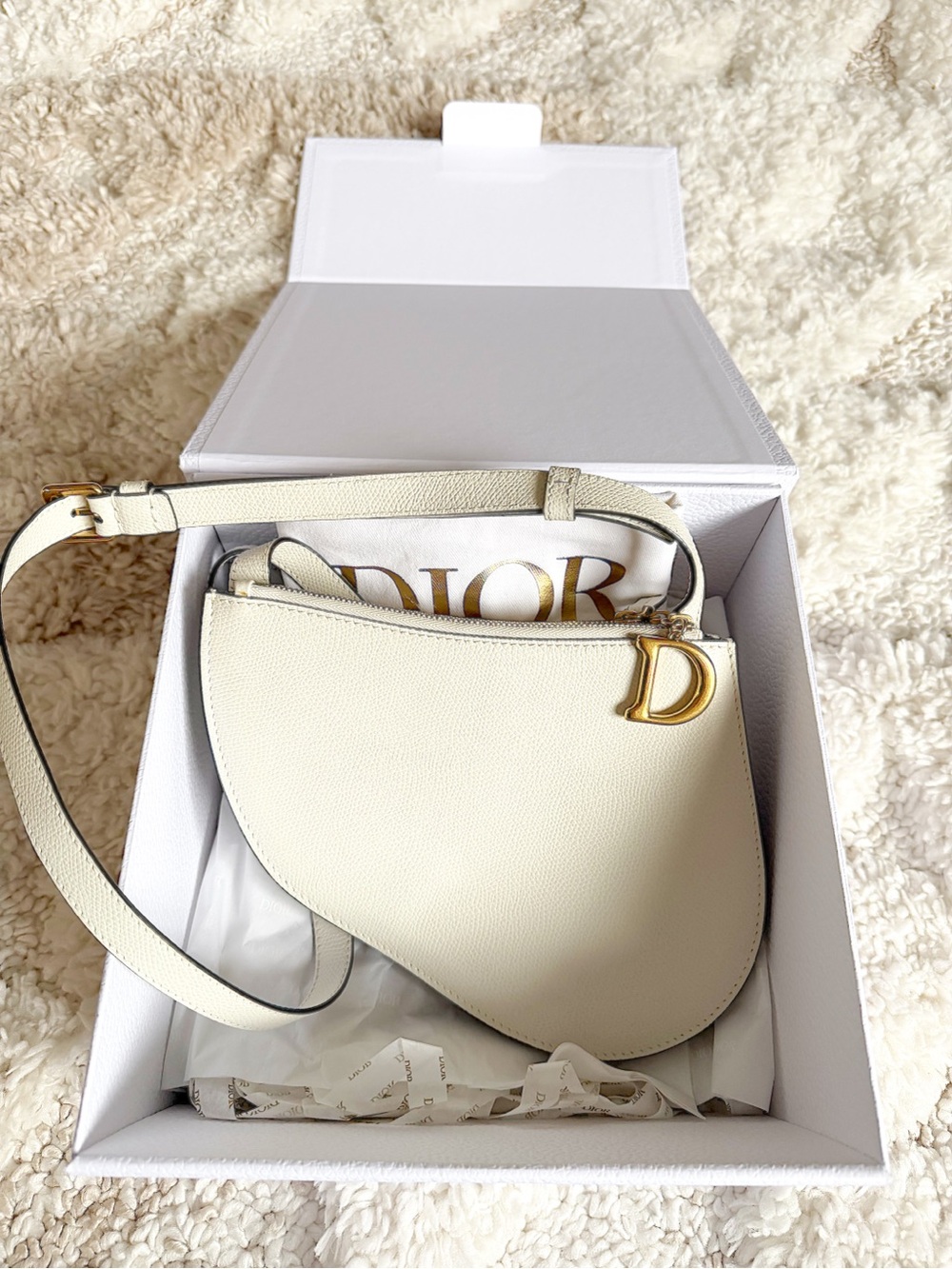 Christian DIOR Saddle triple zip leather ‘bone’ white CD logo crossbody bag